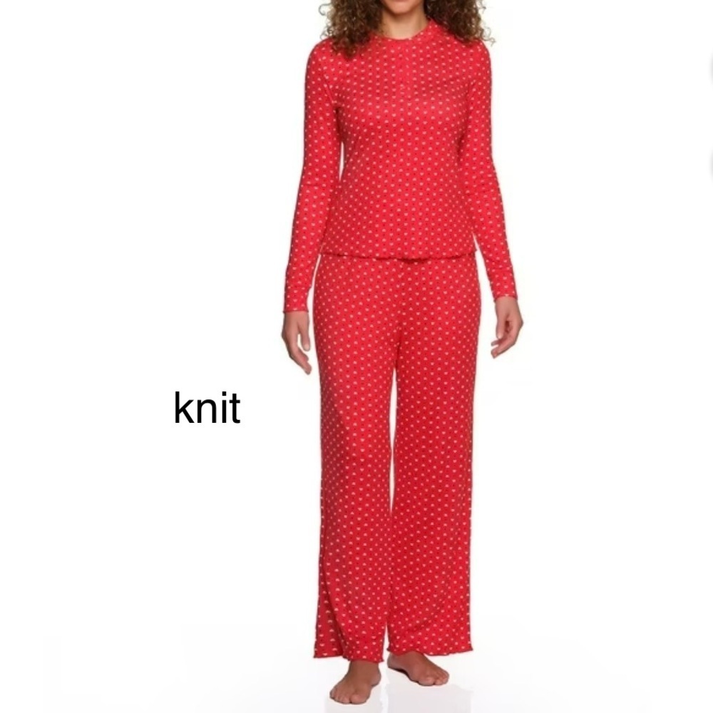 🤍LOFT Women’s Knit Henley Pajama Set Red with White Hearts, Elastic Waist - Picture 2 of 7
